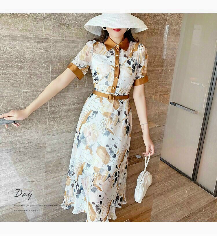 Đầm Voan Họa Tiết Viền Màu Kèm Belt - HN952